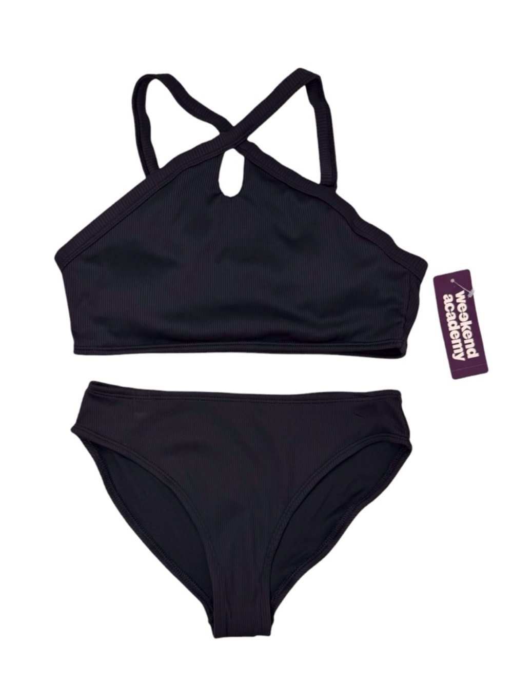 Paradise Black tween bikini set ribbed textured UPF 50+ girls size L/10-12 NWT